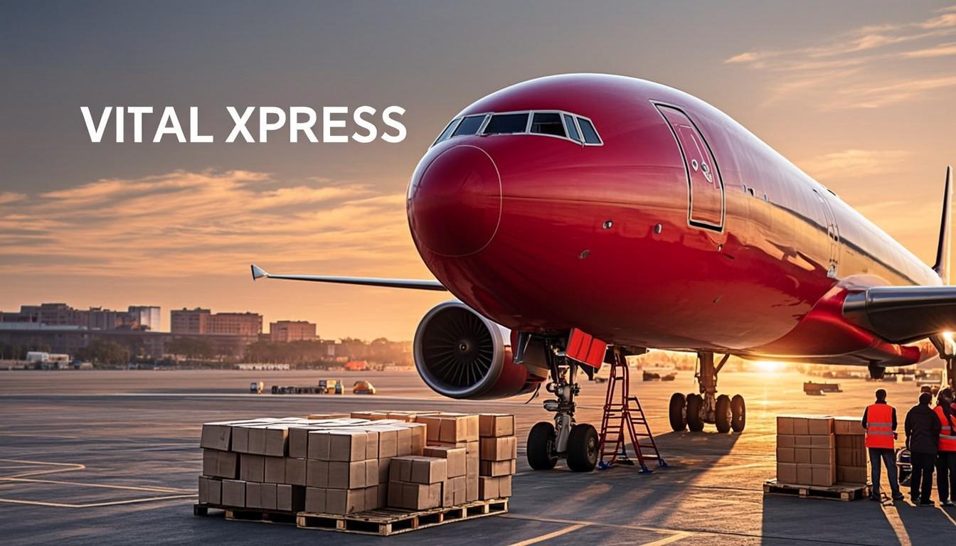 Vital Xpress air freight cargo plane loading at an international airport